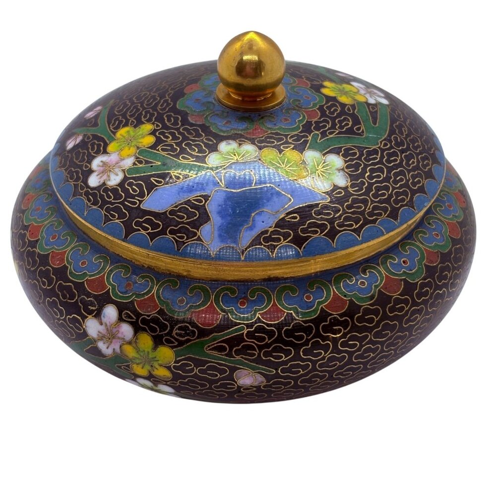 Vintage Cloisonné Lidded Jar With Floral Design & Gold Accents